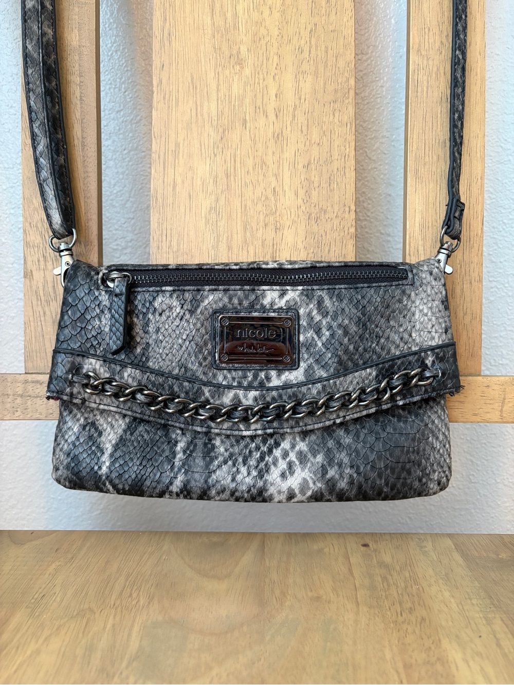 Nicole Gray Snakeskin-Print Clutch/Crossbody Bag